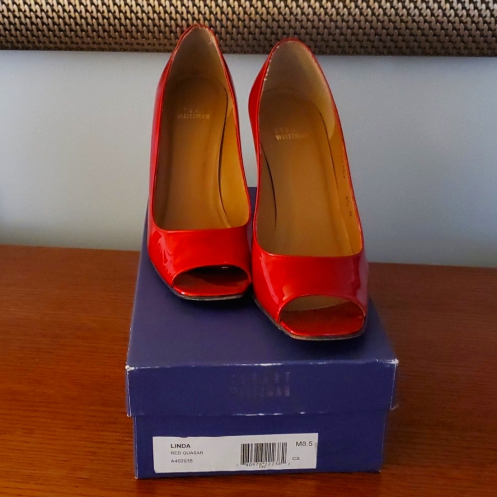 Stuart Weitzman Red patent leather peep- toe heels